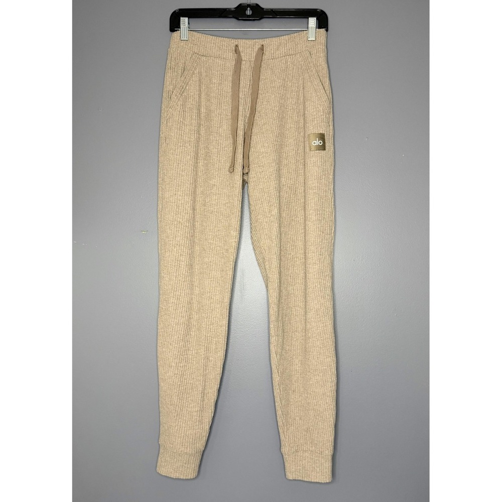 Alo Muse Jogger Sweatpants Womens S Beige Ribbed Knit Pants Lounge Elastic Waist